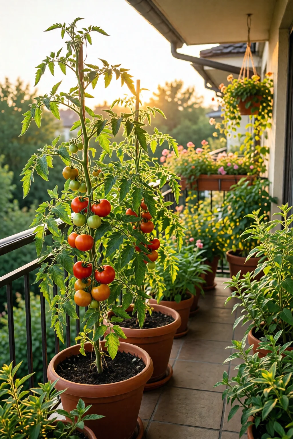 growing tomatoes in pots on balcony